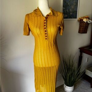 RIHOAS Mustard Midi Dress with Red Buttons